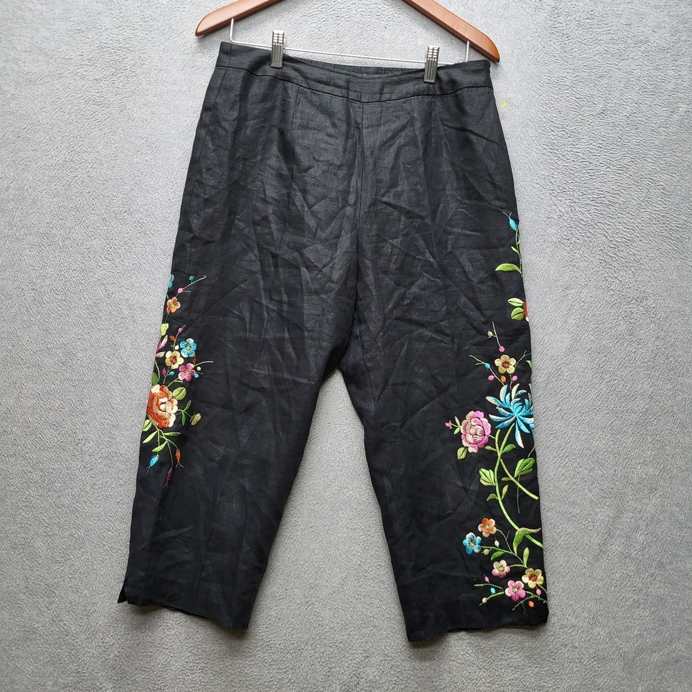 S.L.B. Women Pants 8 Black‎ Linen Polyester Embroidered Floral Boho 20"
